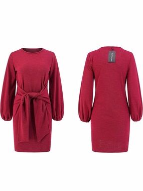 Knitted Bodycon Tie Waist Pencil Dress - Wine Red